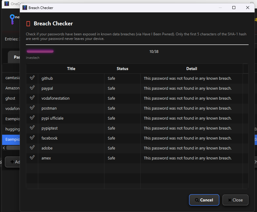 Breach Checker OneCritto — risultati scansione Have I Been Pwned