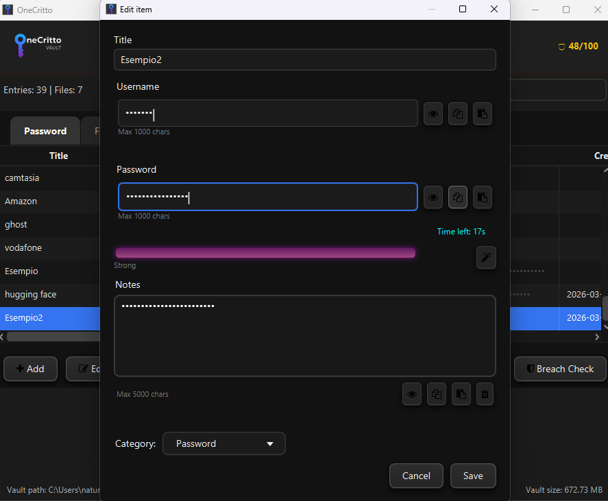 OneCritto modifica entry — campi sicuri con timer di visualizzazione