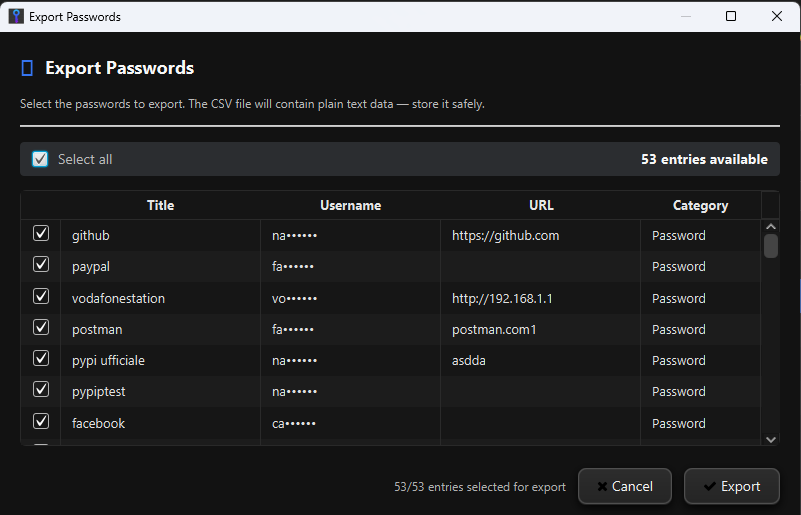 Esportazione CSV OneCritto — seleziona ed esporta le password