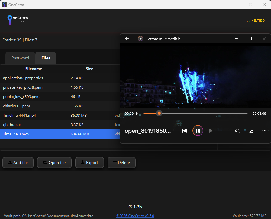 Archivio file cifrati OneCritto — aggiungi, apri, esporta file