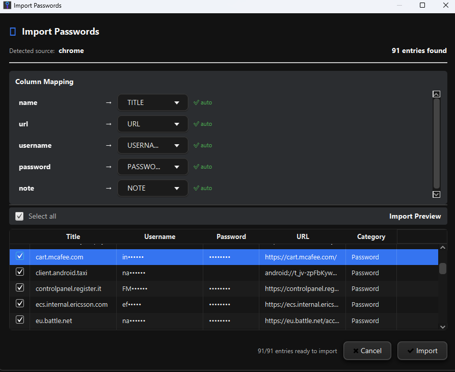 OneCritto CSV import — migrate passwords from other managers