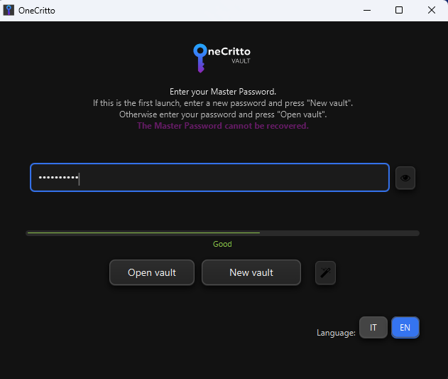 Schermata di login OneCritto — inserimento master password